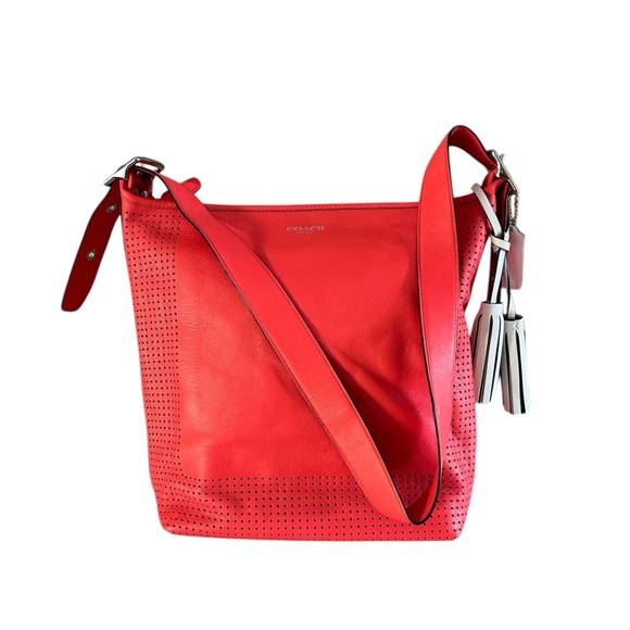 Coach Legacy Perforated Leather Duffle Crossbody Bag Red Watermelon Snow - Picture 1 of 15